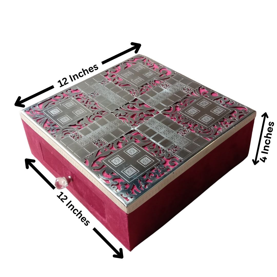 Luxury Silver Plated Ludo Box with Pull-Out Drawer, Metal Pawns & Red Velvet Base