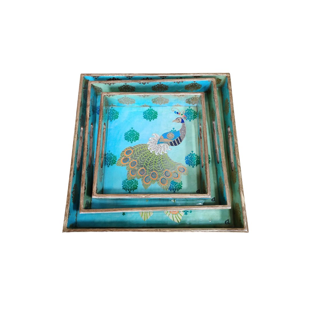 Square Tray Set Of 3 - Green Peacock