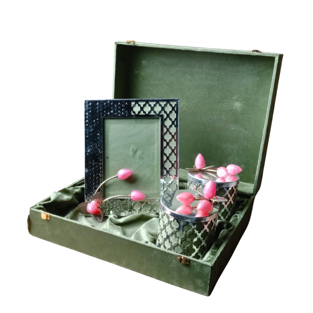Silver-Plated Photo Frame & Jar Set with Pink Lotus Buds (3-Piece)