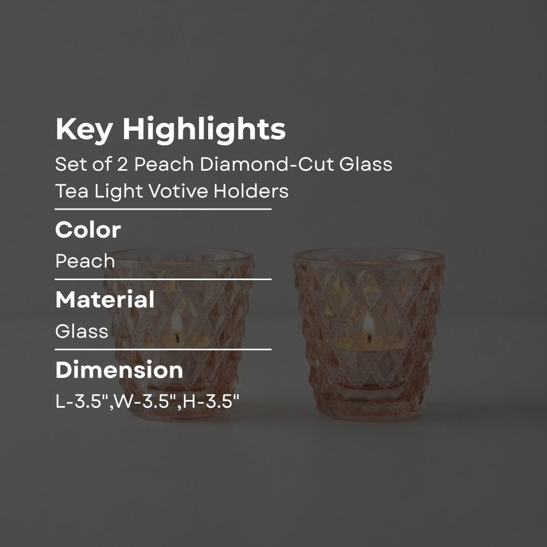 Set of 2 Peach Diamond-Cut Glass Tea Light Votive Holders