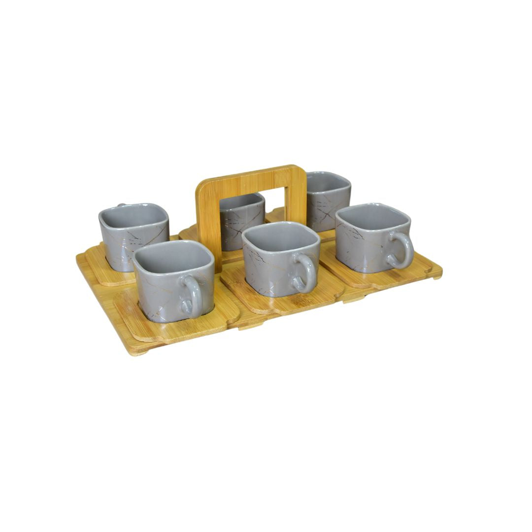 Ceramic Cup With Bamboo Tray Set Of 6 - Grey