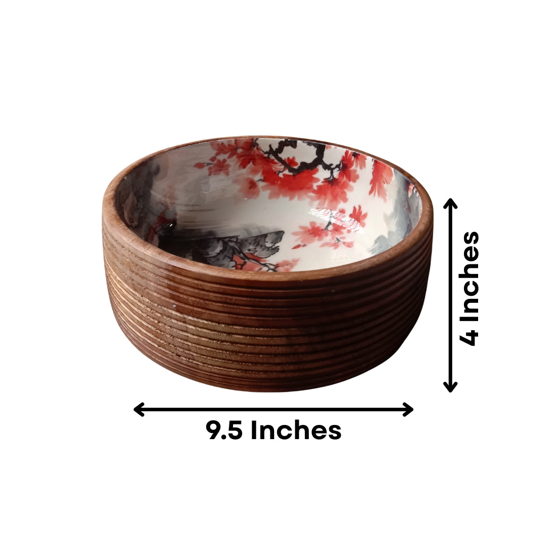 Japanese Floral Print Enamel & Ribbed Wooden Salad Bowl Set