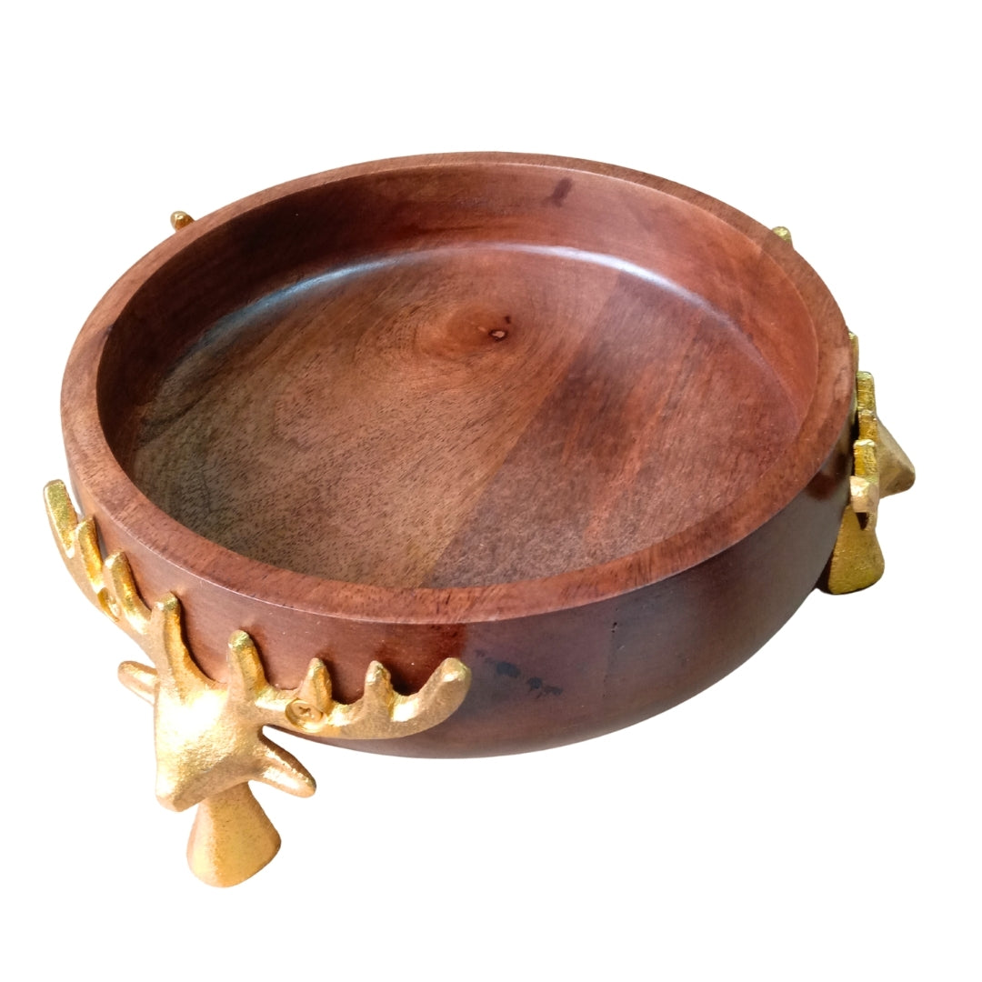 Wooden Bowl with Gold Reindeer Antler Legs