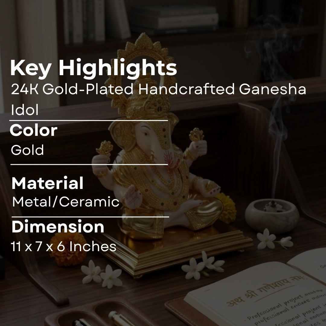 Premium 24K Gold-Plated Lord Ganesha Idol – Exquisite Handcrafted Ganpati Murti for Home Decor, Office Desk & Luxury Gifting ( White & Gold Finish)