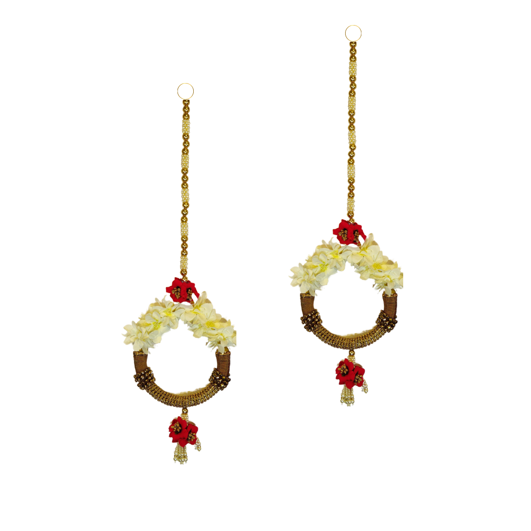 White & Red Flower Side Hanging  Set Of 2 - Scalp Shape