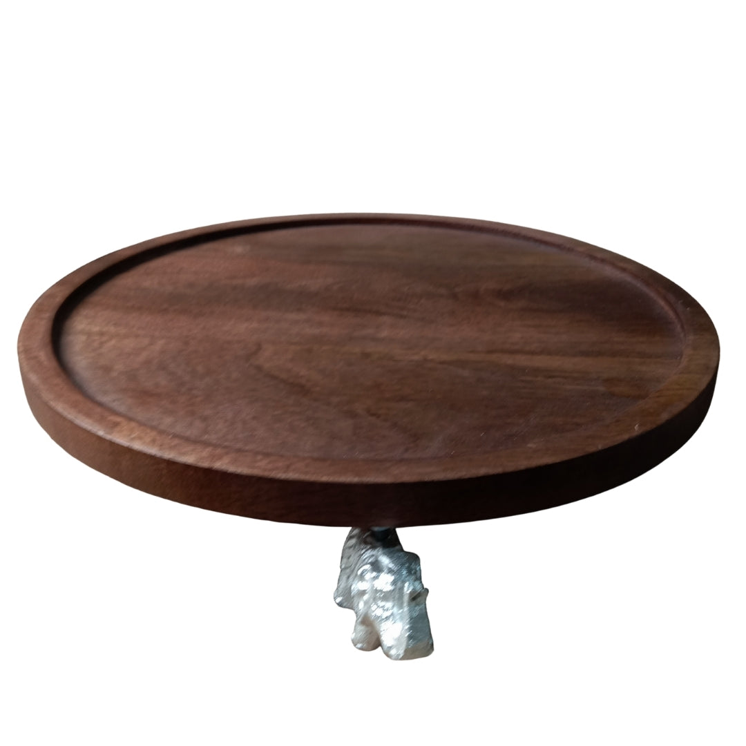 Wooden Round Serving Tray with Silver Elephant Feet