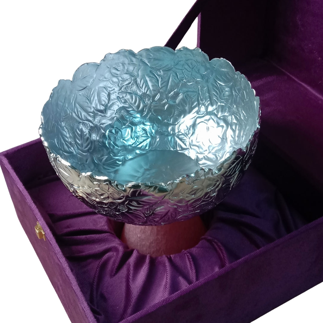 Purple Velvet Gift Box with Ornate Silver Decorative Bowl