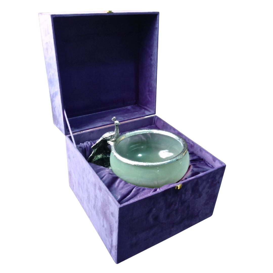 Handcrafted Metal & Glass Peacock Bowl with Premium Velvet Gift Box