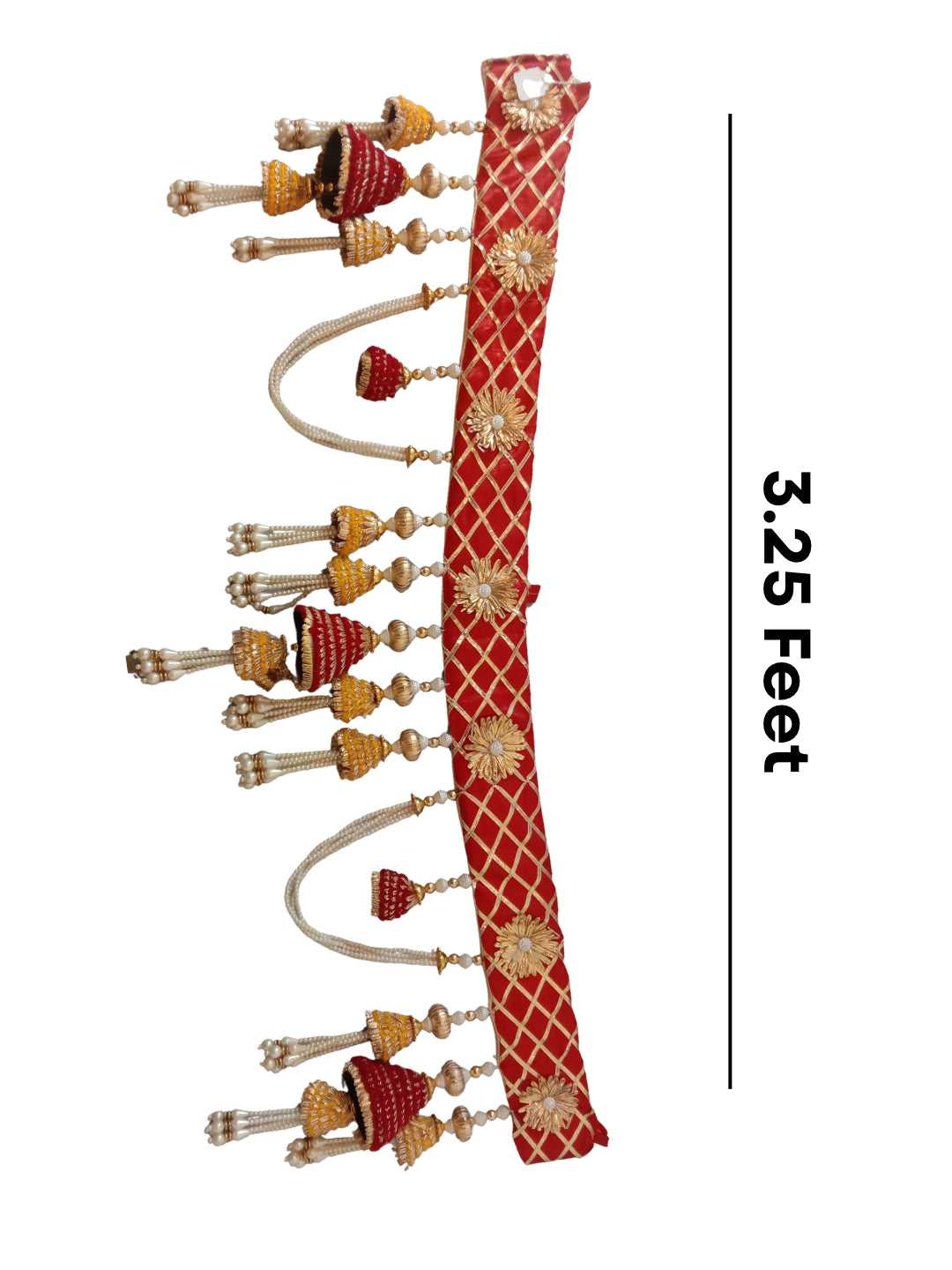 red gota cloth top with yellow & red gota cone hanging toran