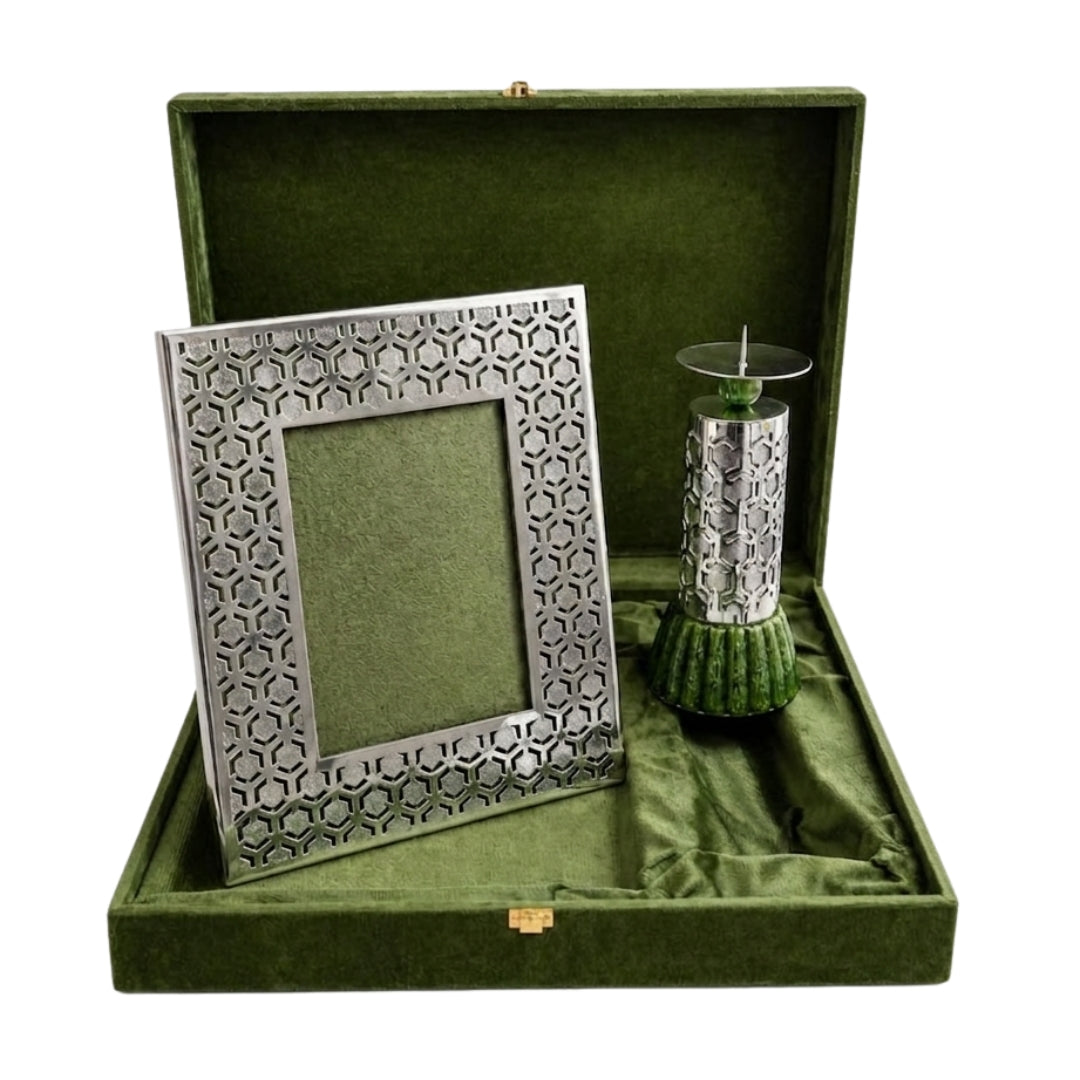 Luxury Silver Plated Photo Frame & Candle Holder Gift Set in Premium Green Box
