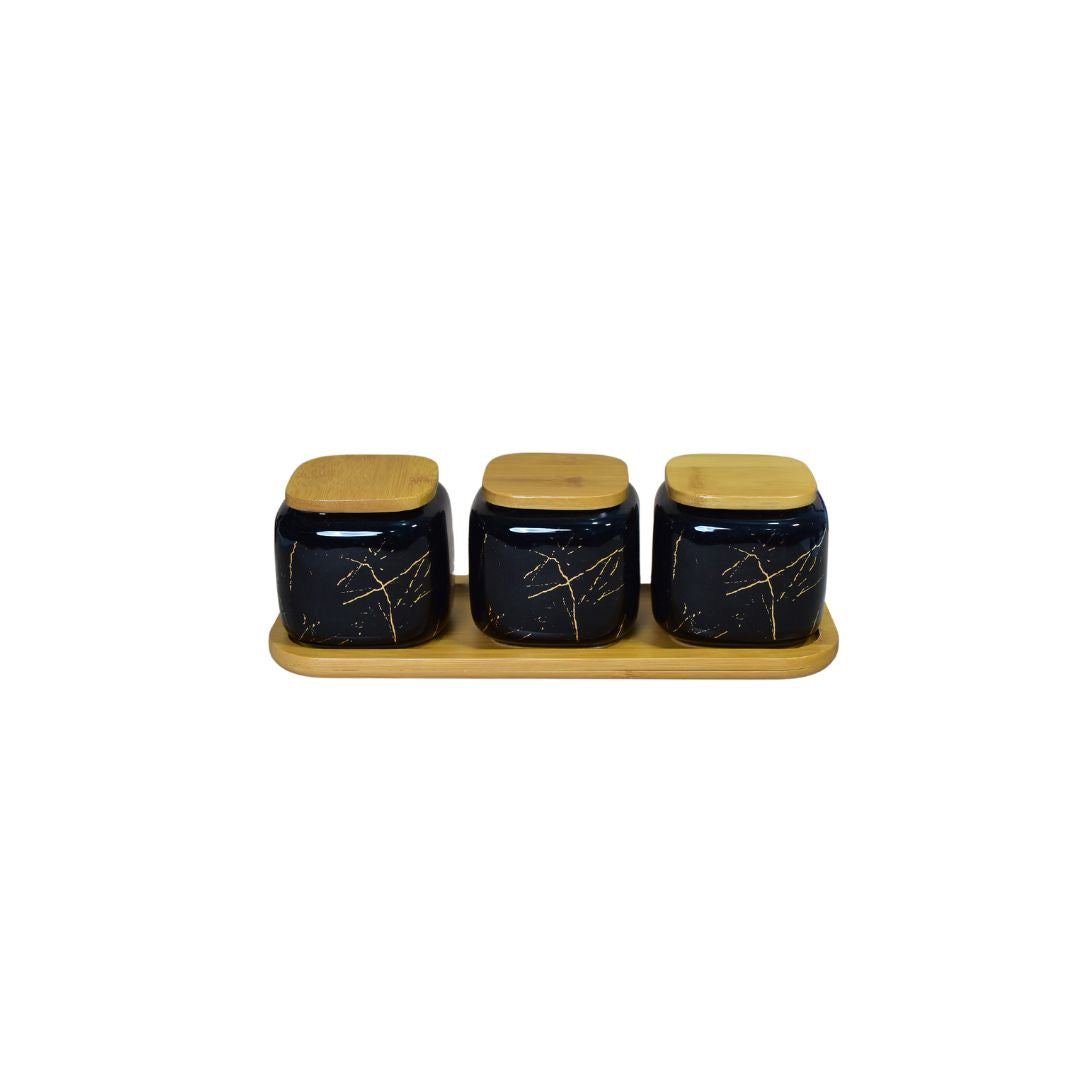 Ceramic Jar With Bamboo Tray Set Of 3 - Black