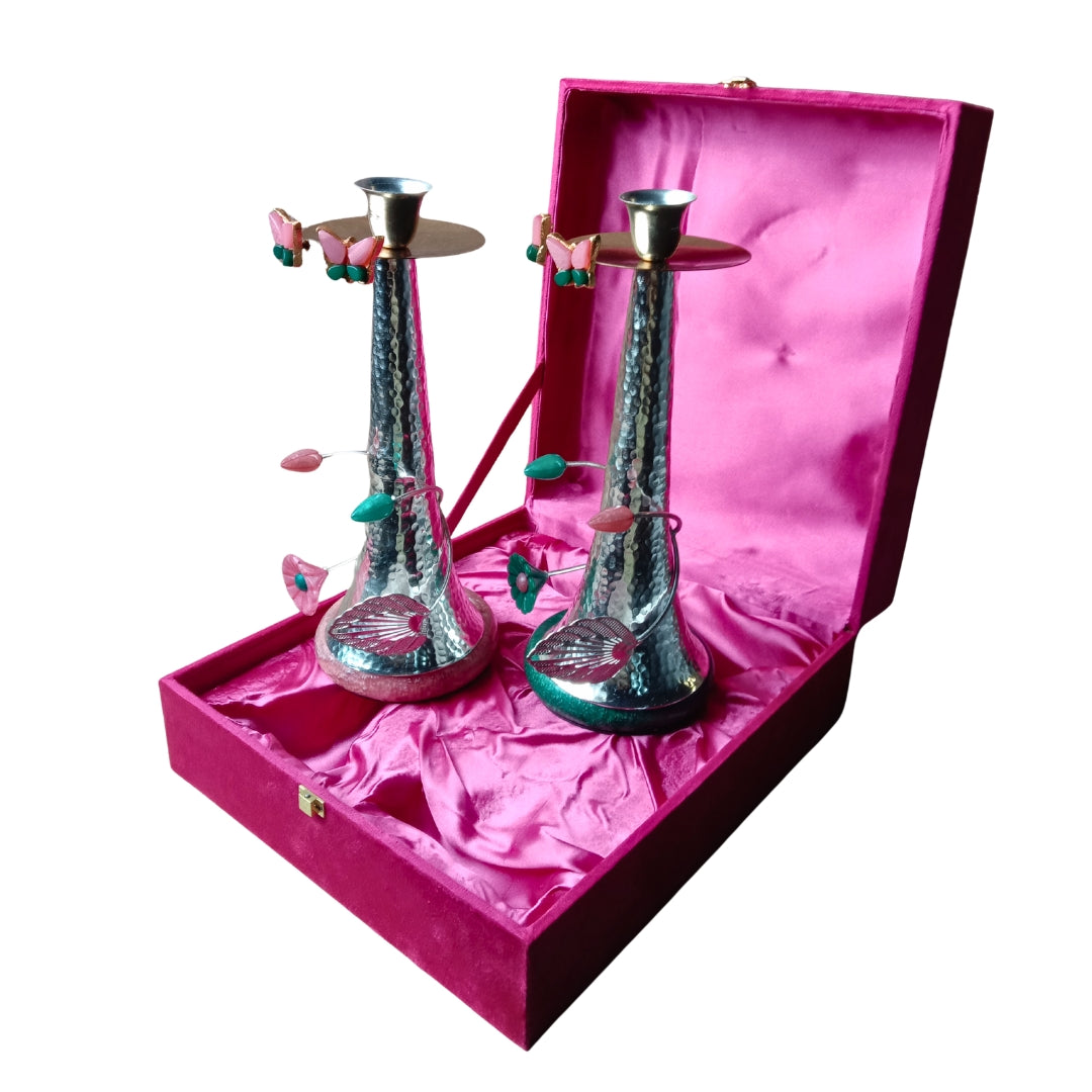 Hammered Silver-Plated Candle Stands with Floral Resin Base (Set of 2)