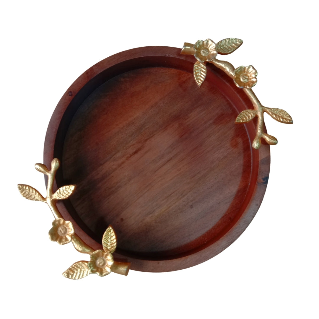 Wooden Small Round Serving Tray with Gold Floral Branch Handles