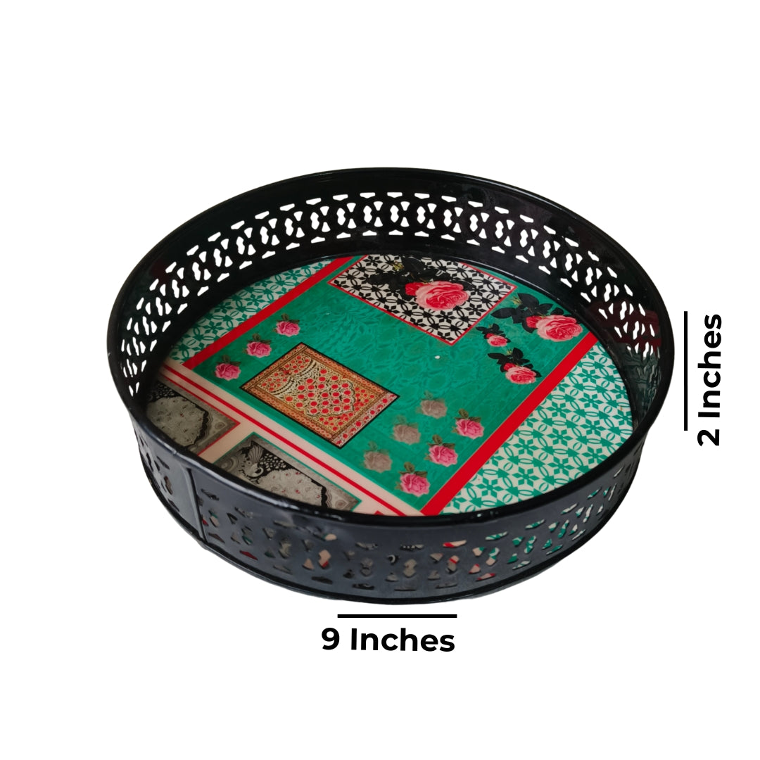 Metal Round Tray - Green Mughal Print  Small