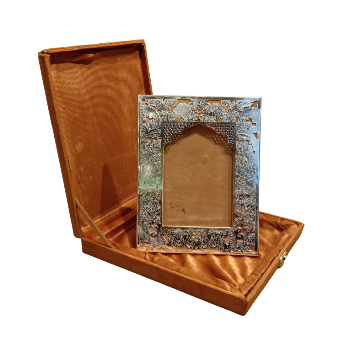 Elegant Silver-Plated Jharokha Photo Frame with Velvet Gift Box