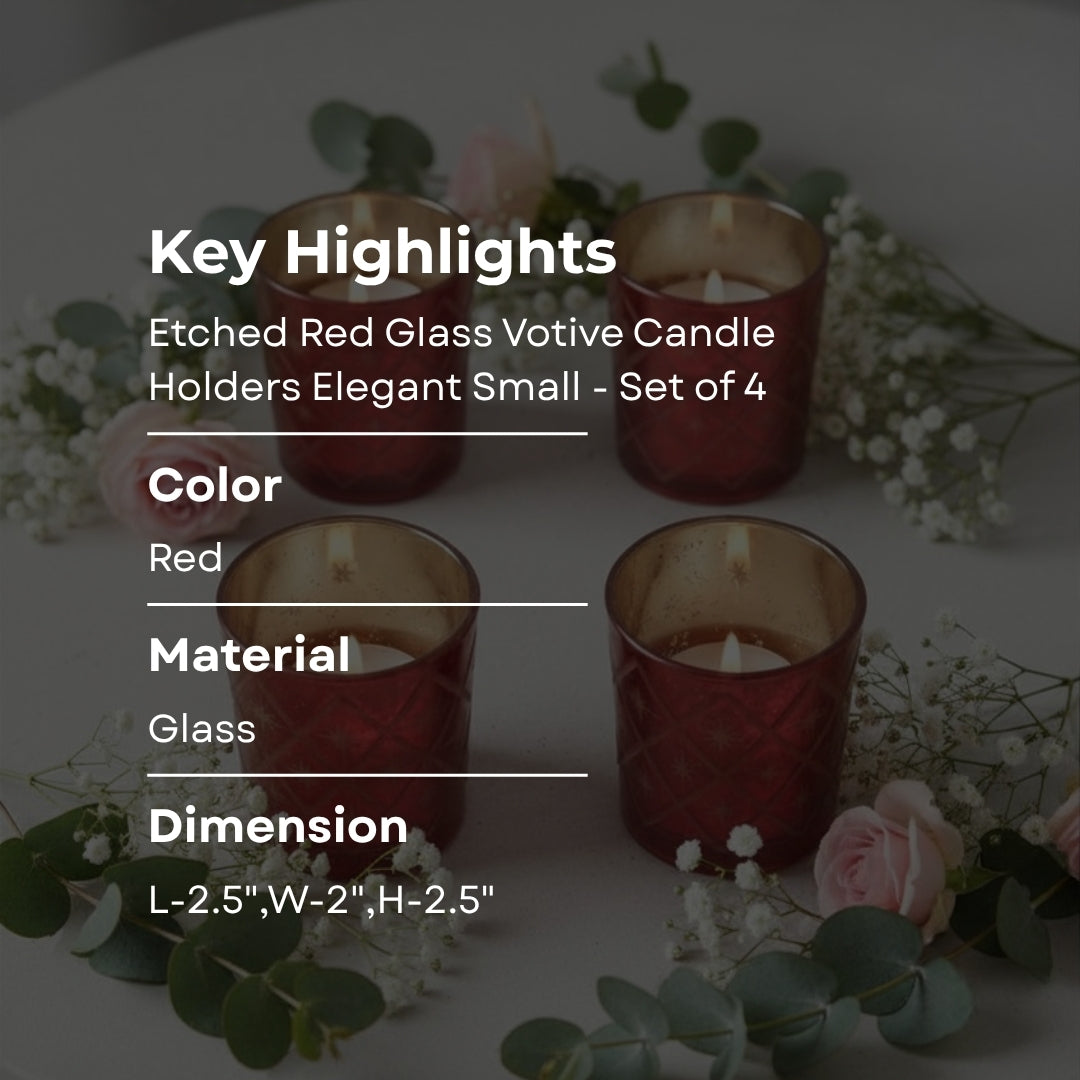 Etched Red Glass Votive Candle Holders - Elegant Small Set of 4