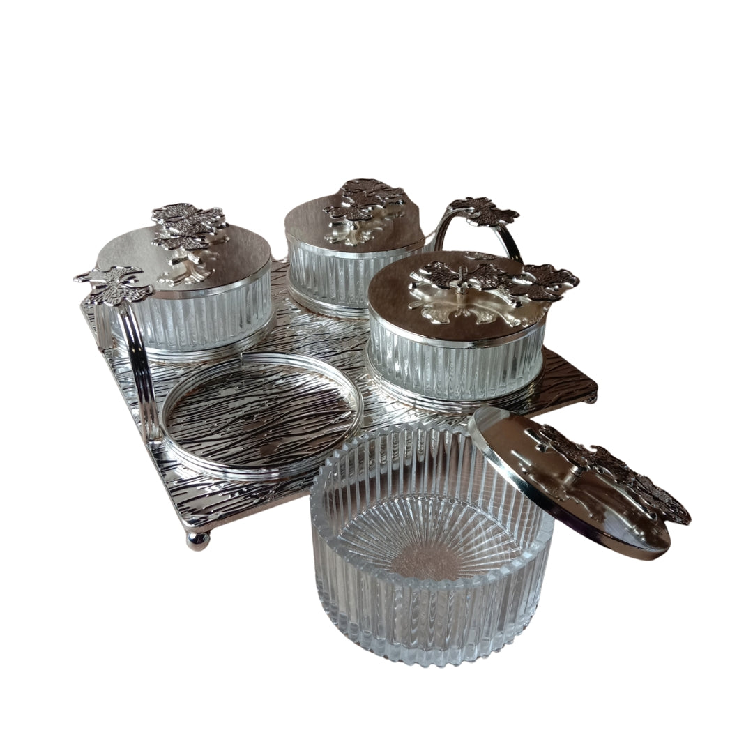 White Metal and Glass 4-Piece Storage Jar Set