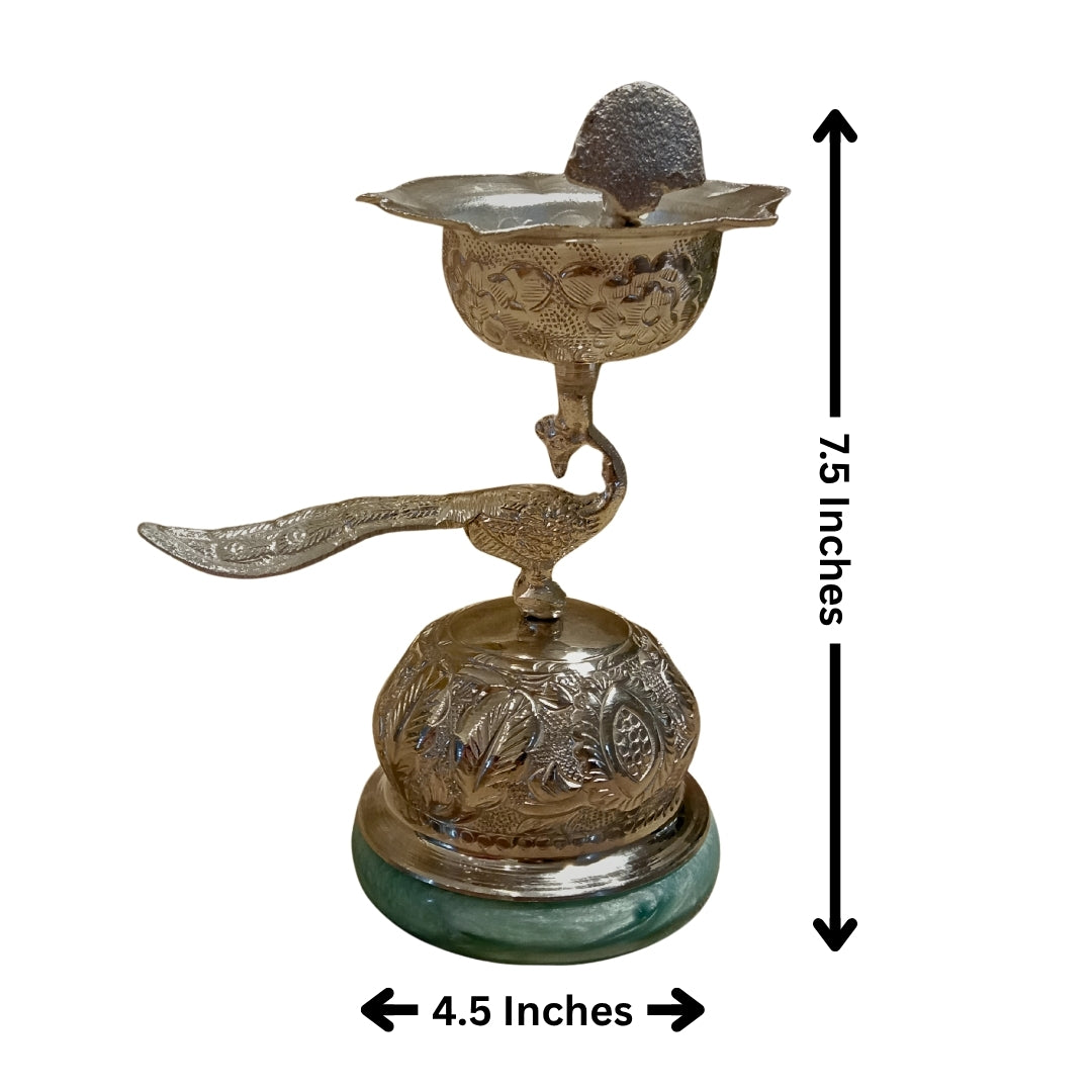 Luxury Silver Plated Peacock Samai Diya with Green Quartz Base & Velvet Box