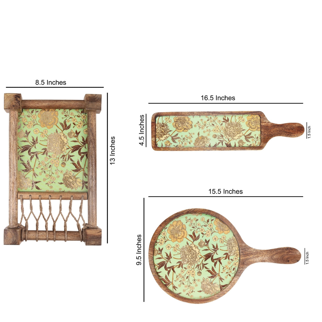 green flower print & enameled Wooden Khatiya Platter Set of 3 - khatiya platter , pizza platter , bat platter