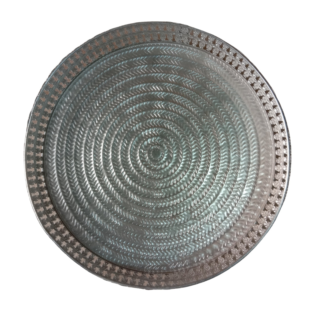 Decorative Silver Round Filigree Tray with Beaded Edges and Ornate Feet