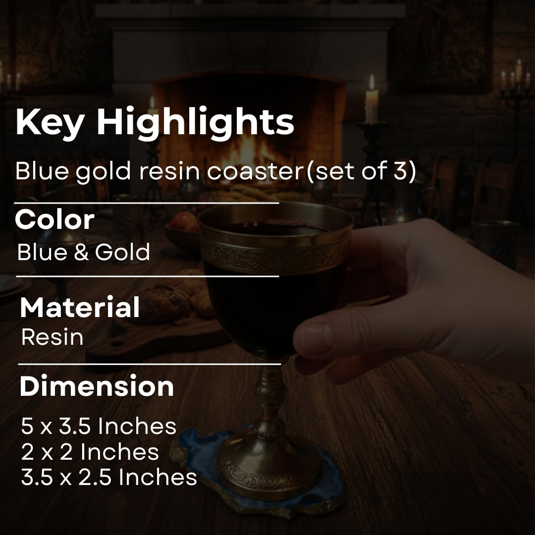 Table Coaster - Blue Agate Stone with Gold Lining Set Of 3