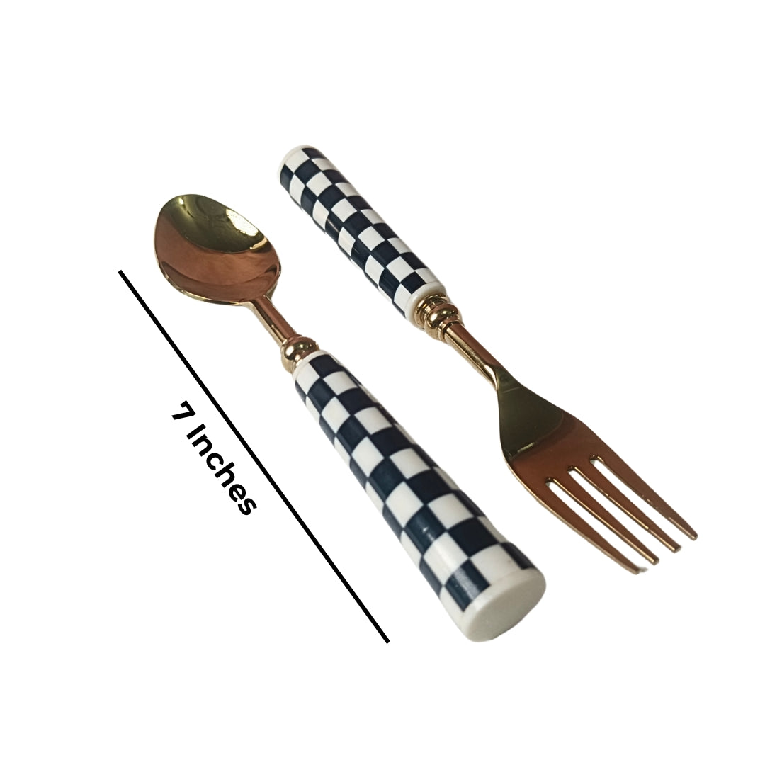 Cutlery Set of 12 - Black & White Resin Checks Design With Gold Spoons