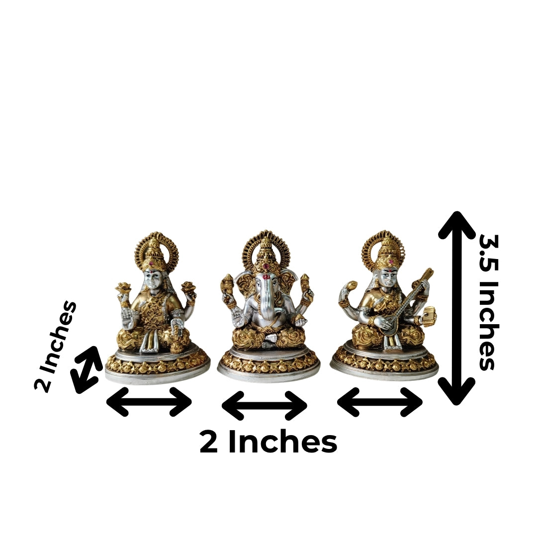 The Home Co. 999 Pure Silver & 24K Gold Plated Lakshmi, Ganesha & Saraswati Idol Set (Small) | Divine Trideva-Tridevi Murti with Premium Velvet Gift Box