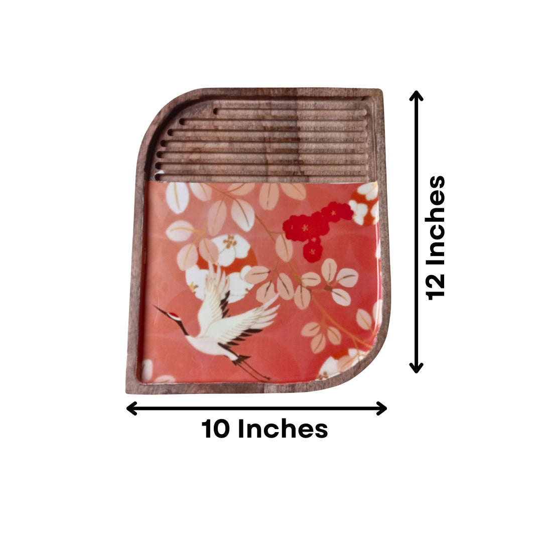 Flamingo Print Enamel & Ribbed Wooden Rectangular Platter