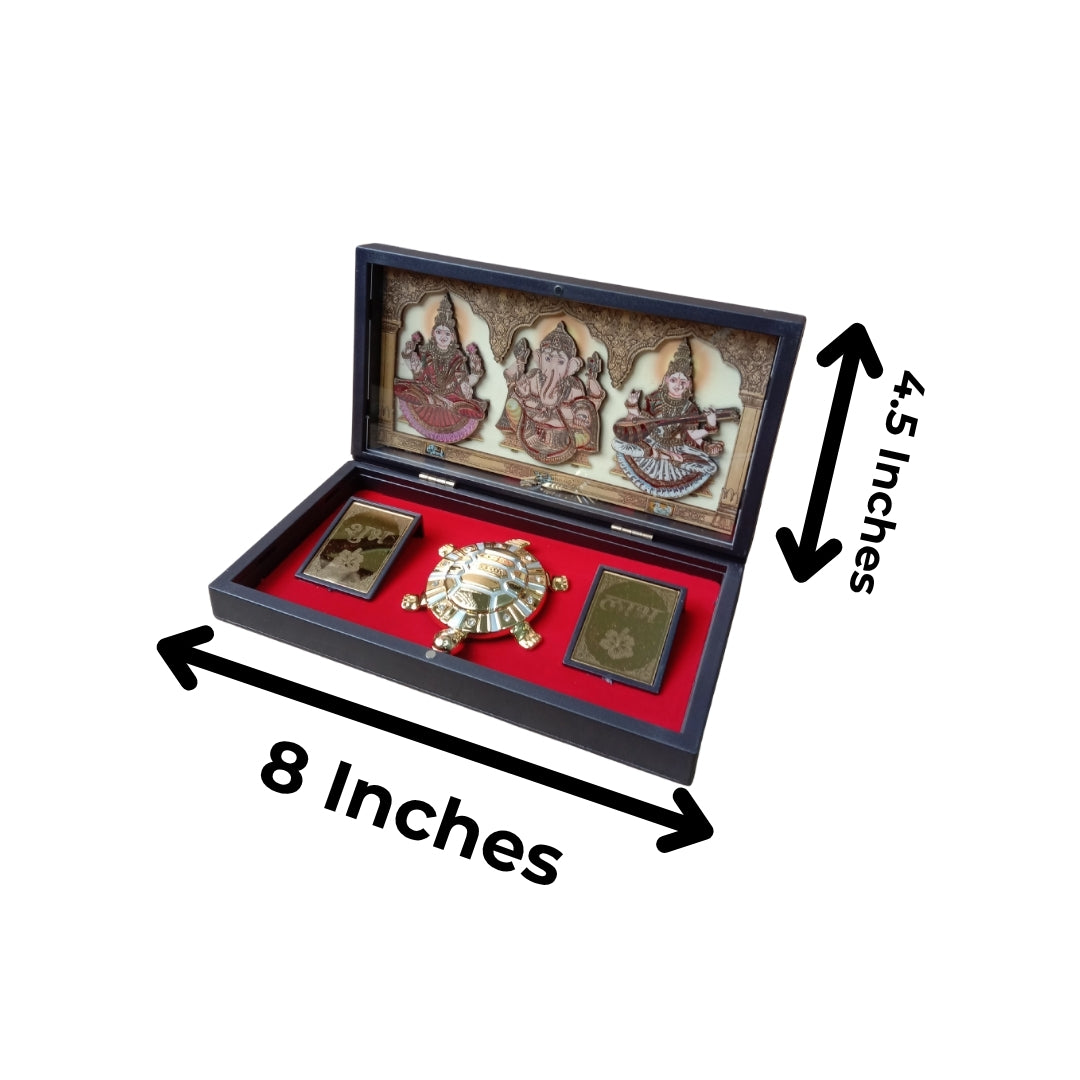 24K Gold Plated Laxmi Ganesh Saraswati idol with Shubh Labh Kachua pooja Box