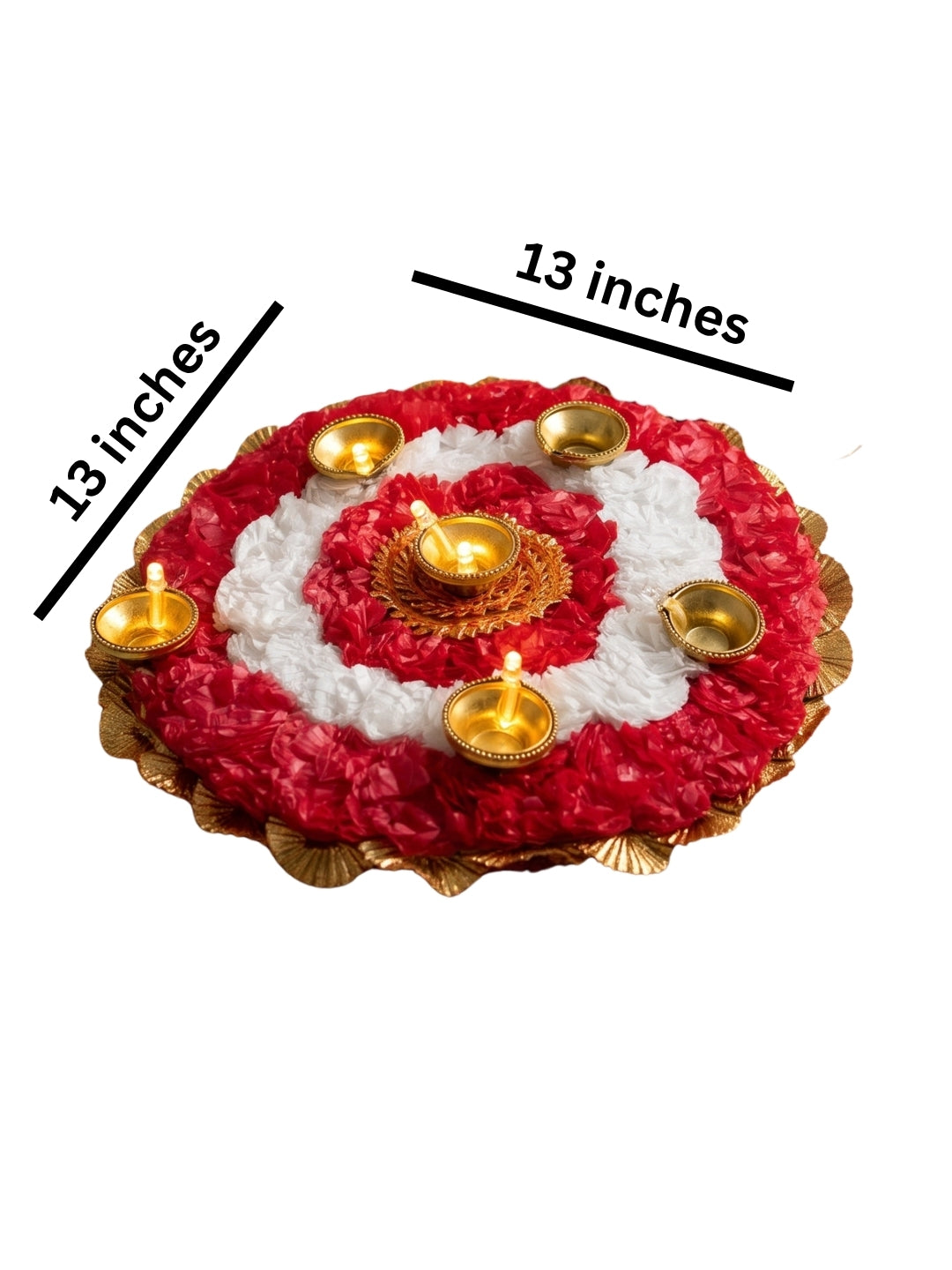 Artifical red & white flowers  rangoli set of 3 with LED diyas - Round
