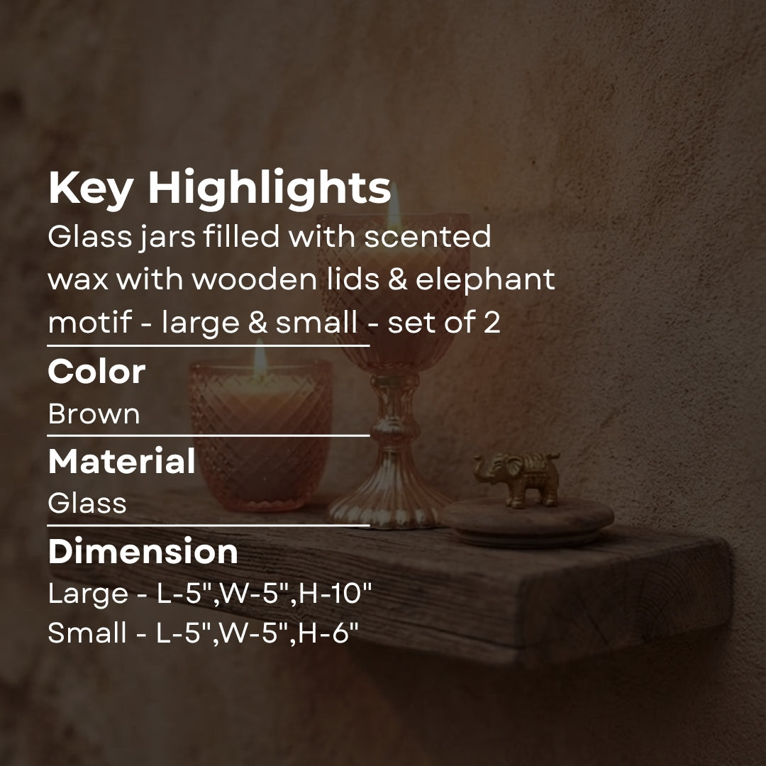 Set of 2 Scented Glass Candle Jars with Wooden Elephant Motif Lids