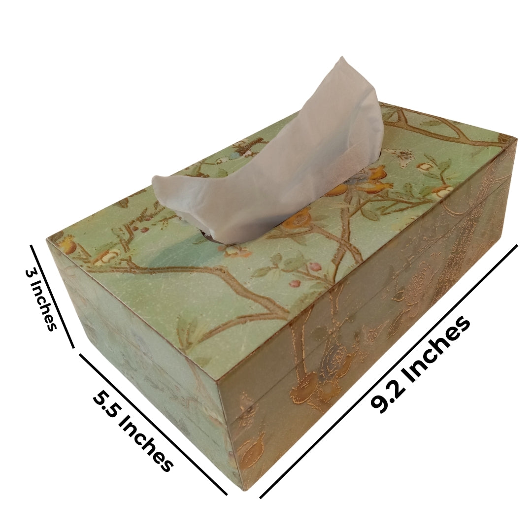 wooden print & enamel green peacock & bird Tissuebox