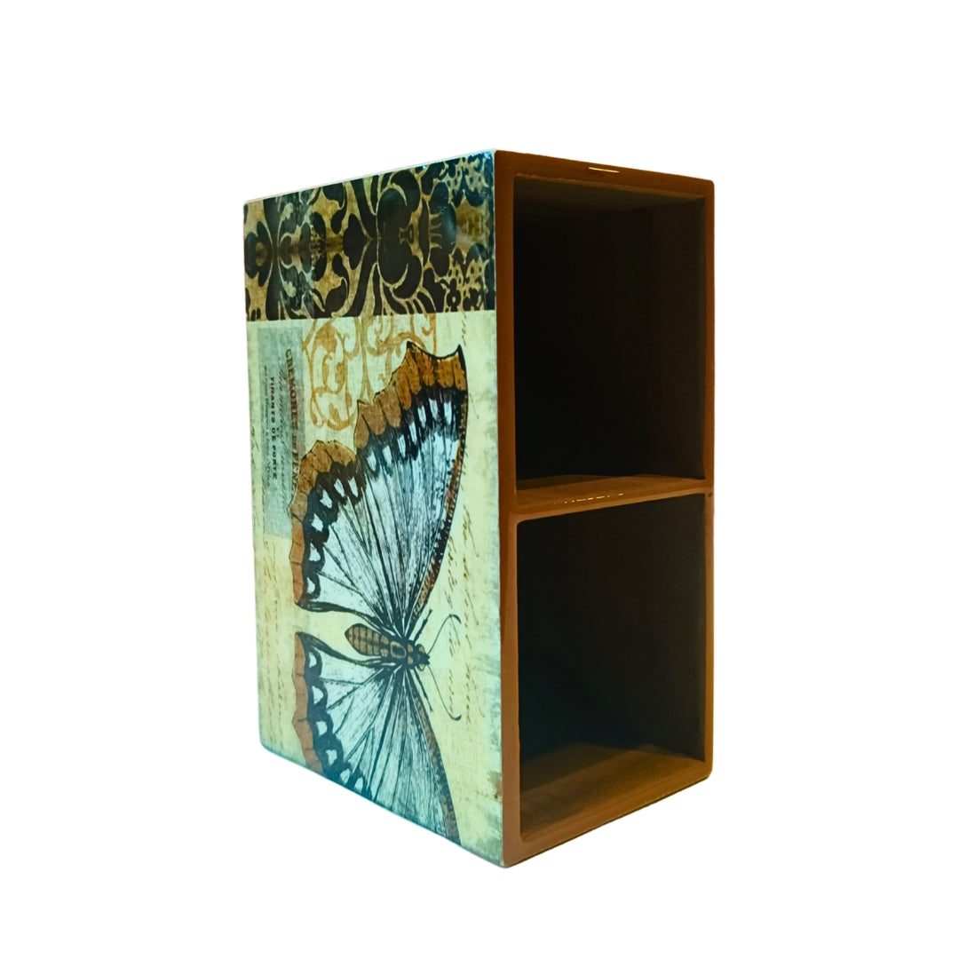 Butterfrly Print & Enamel Wooden 2 Partition Caddy
