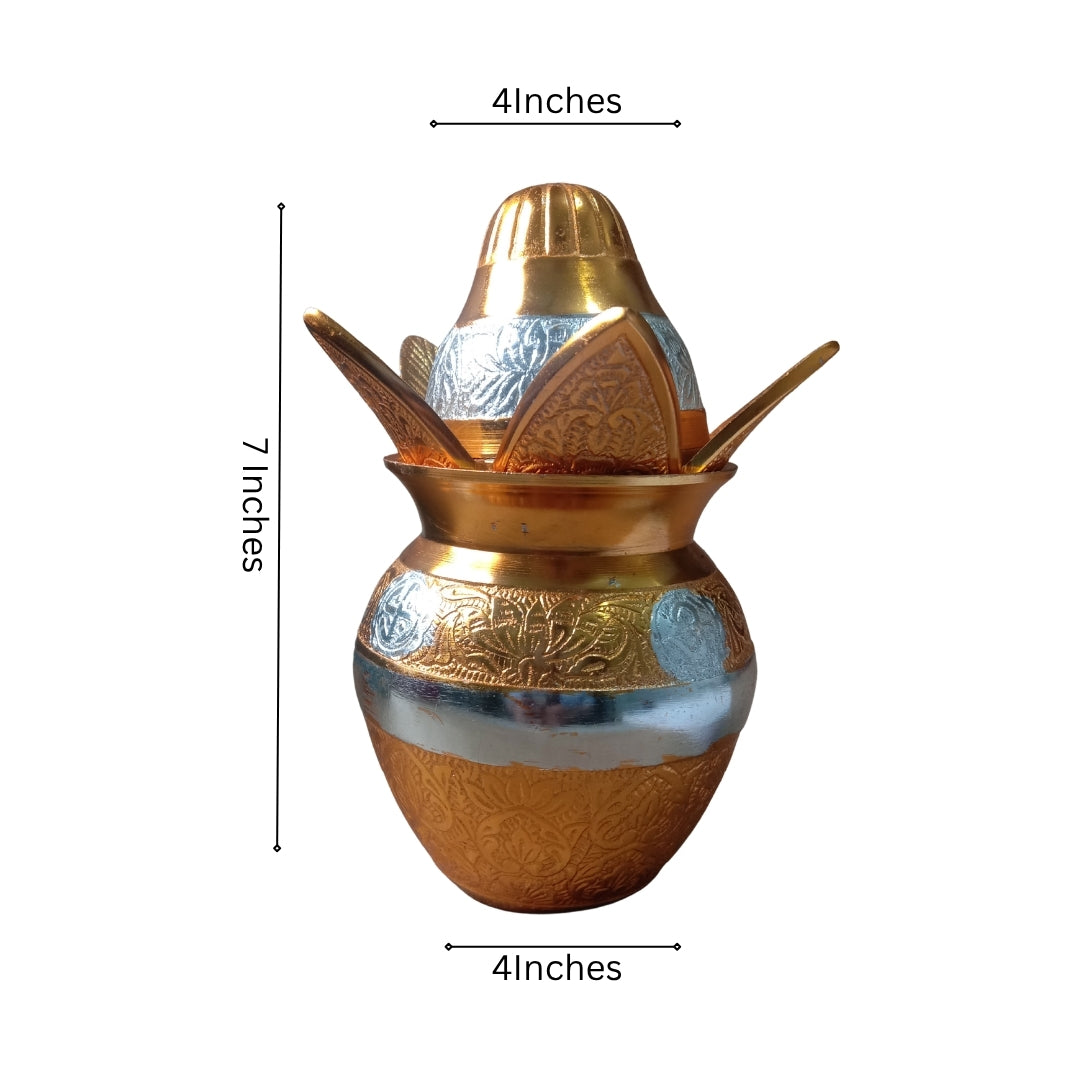 Gold Plated Kalash with Coconut Set in Turquoise Velvet Box for Worship