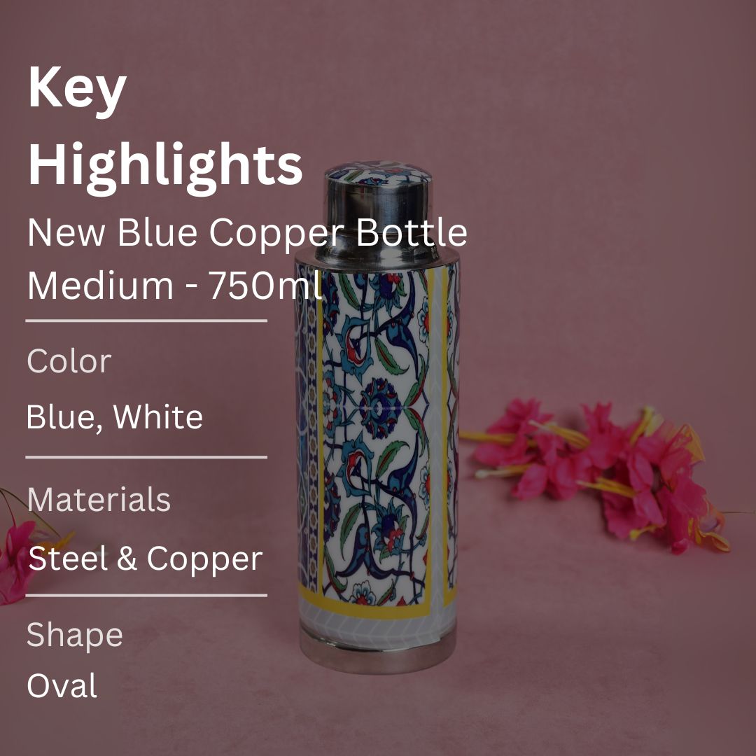 Stainless Steel Copper Insulated Indigo Print & Enamel Bottle Medium - 750 ml