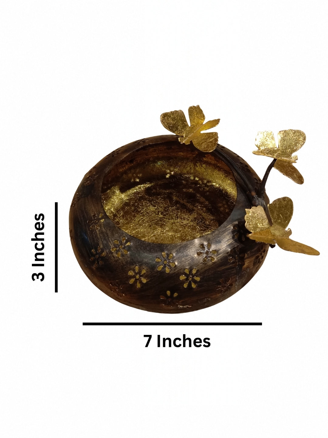 metal small antique finish urli with flower & butterfly motif- set of 2