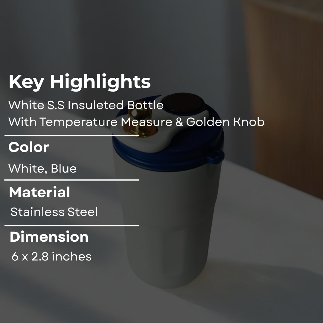 White Stainless Steel With Blue Lid & Gold Knob