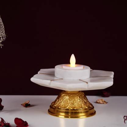 6" Marble Flower With Metal Base Candle Holder Gold