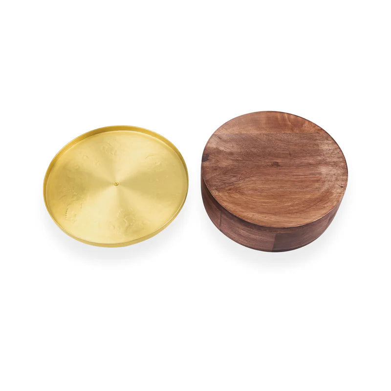 Roti Box - Hammered Golden Plated Metal Base With Wooden Lid