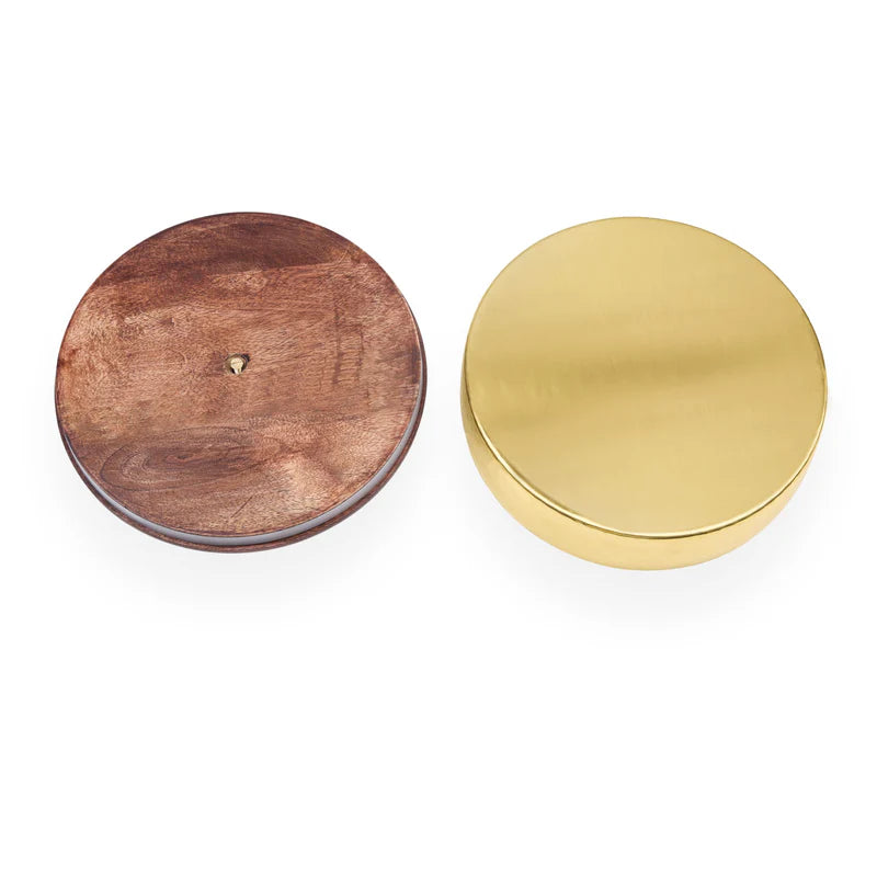 Roti Box - Hammered Golden Plated Metal Base With Wooden Lid