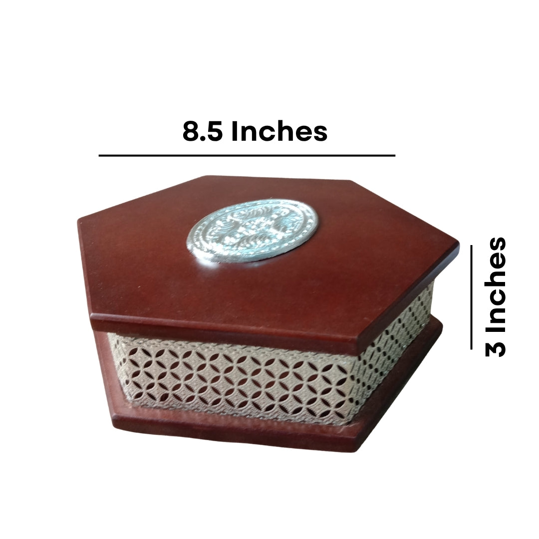 Hexagonal Wooden Silver-Plated Mithai Box