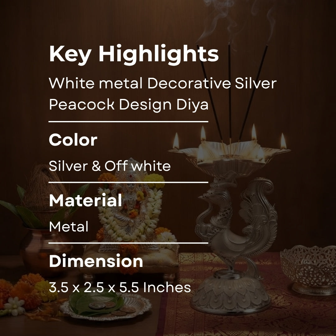 White metal Decorative Silver Peacock Design Diya