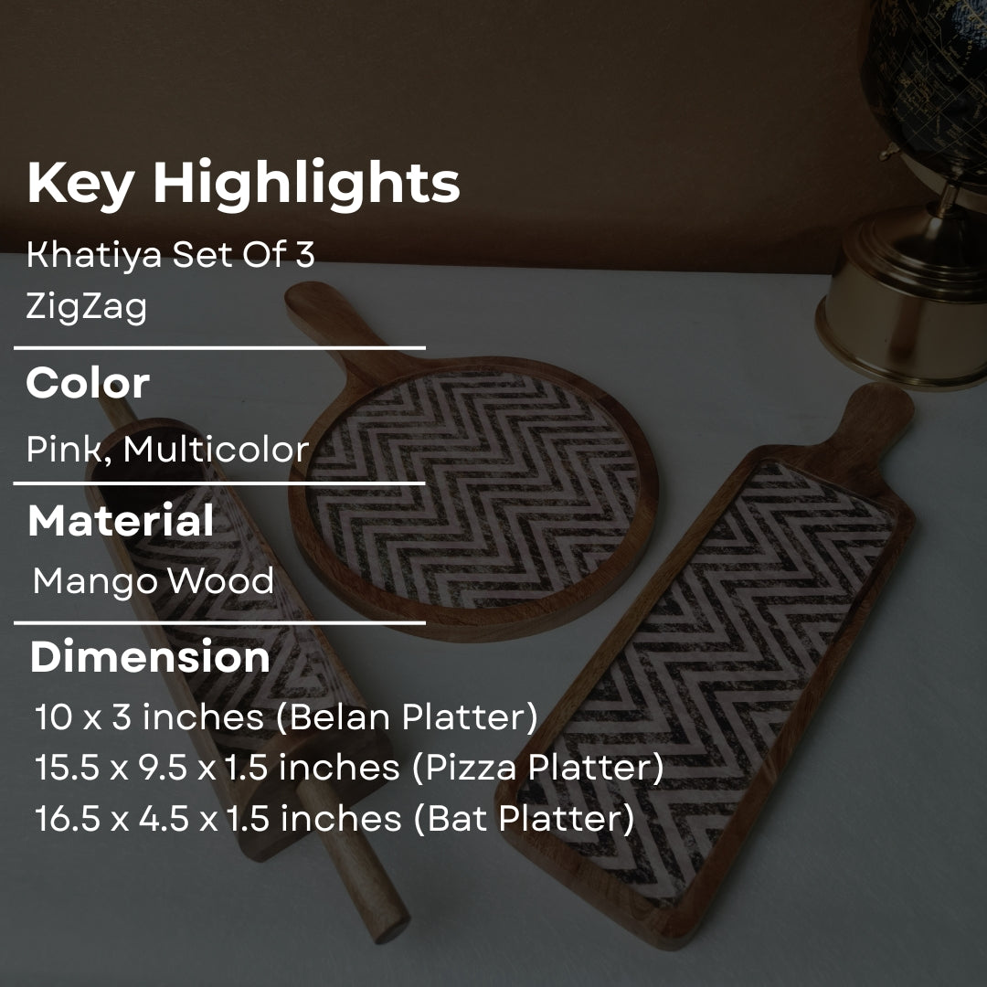 Chevron print & enameled Wooden Khatiya Platter Set of 3 - belan platter , bat platter ,  pizza platter