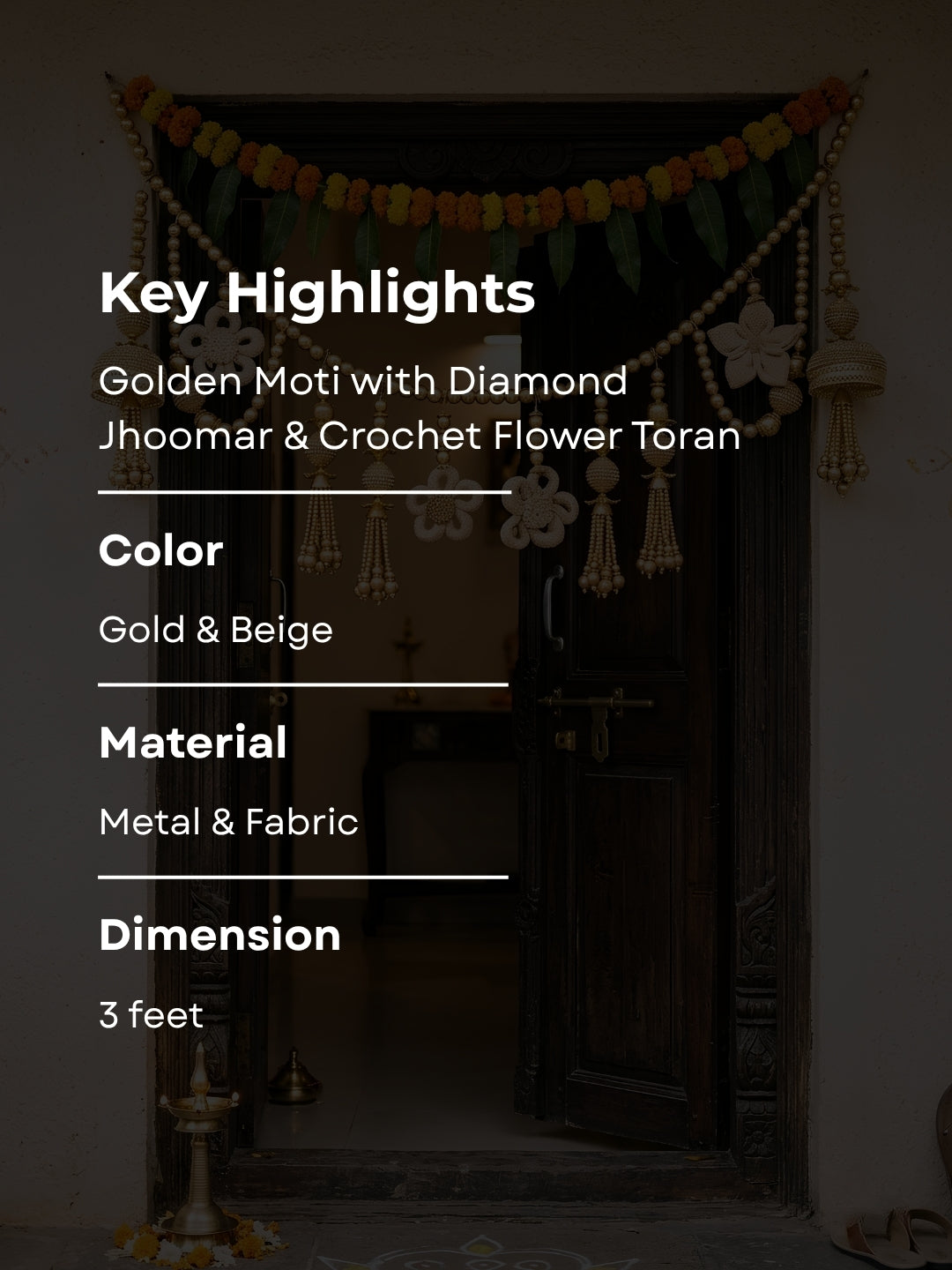 Gold moti with diamonte jhoomar & crochet flowers toran