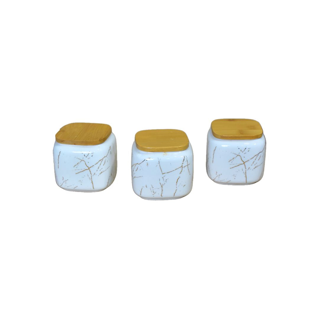 Ceramic Jar With Bamboo Tray Set Of 3 - White