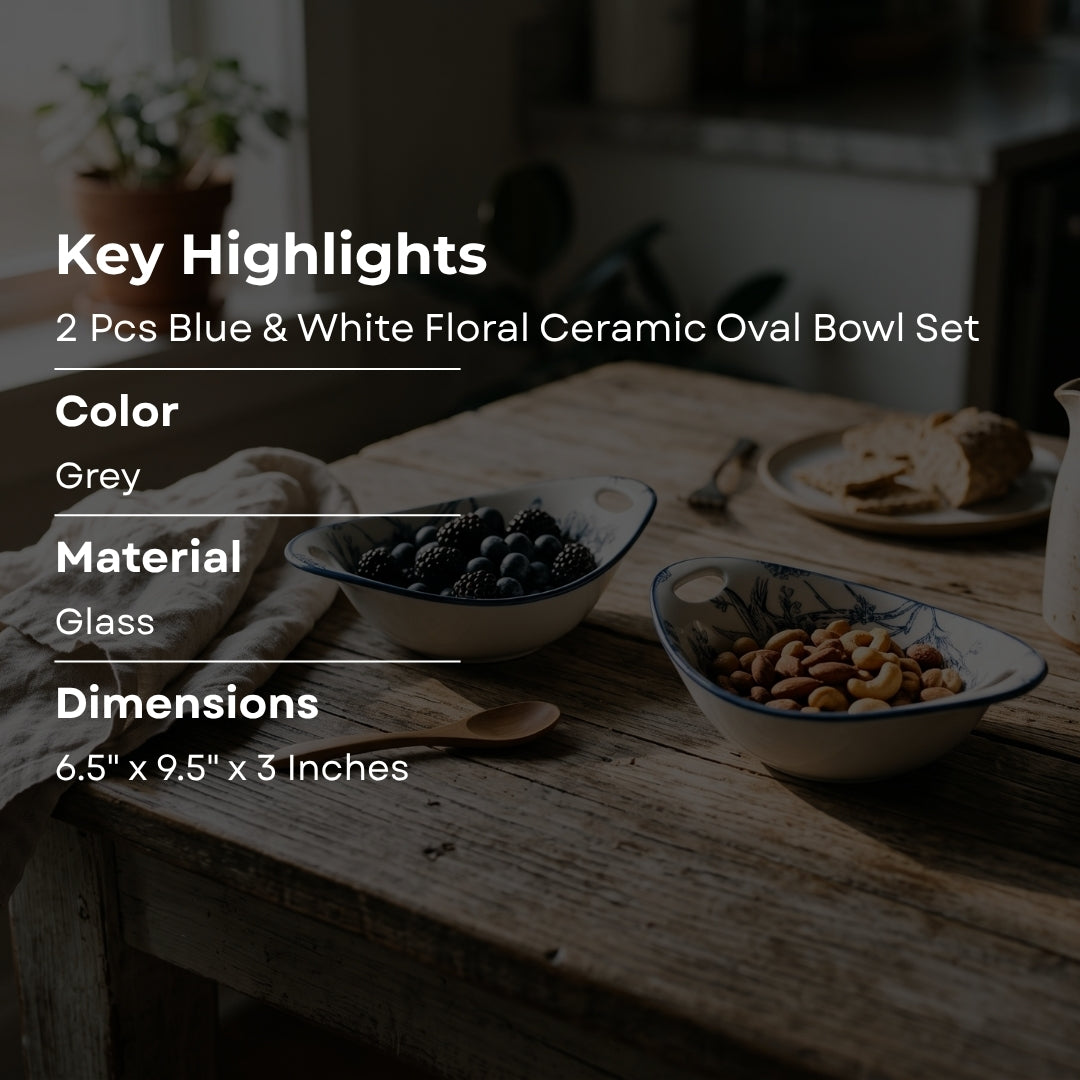 2 Pcs Blue & White Floral Ceramic Oval Bowl Set