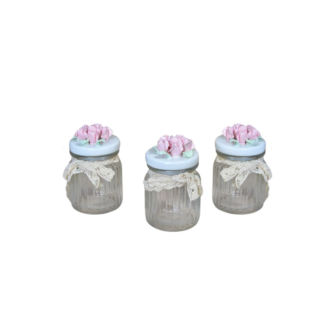 Ceramic Jar With Flower Lid Set Of 3