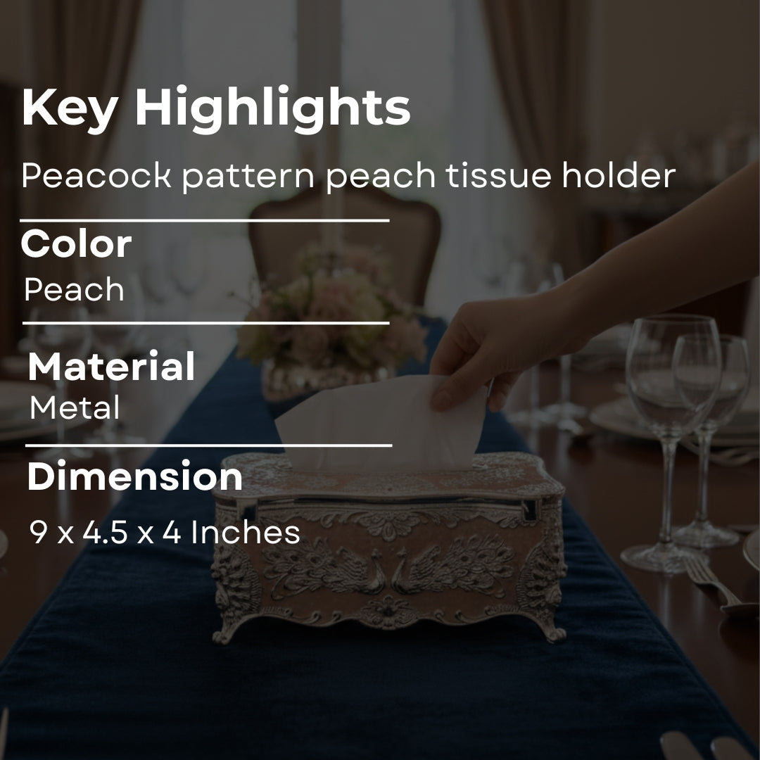 Tissuebox-white metal with peach enamel peacock design