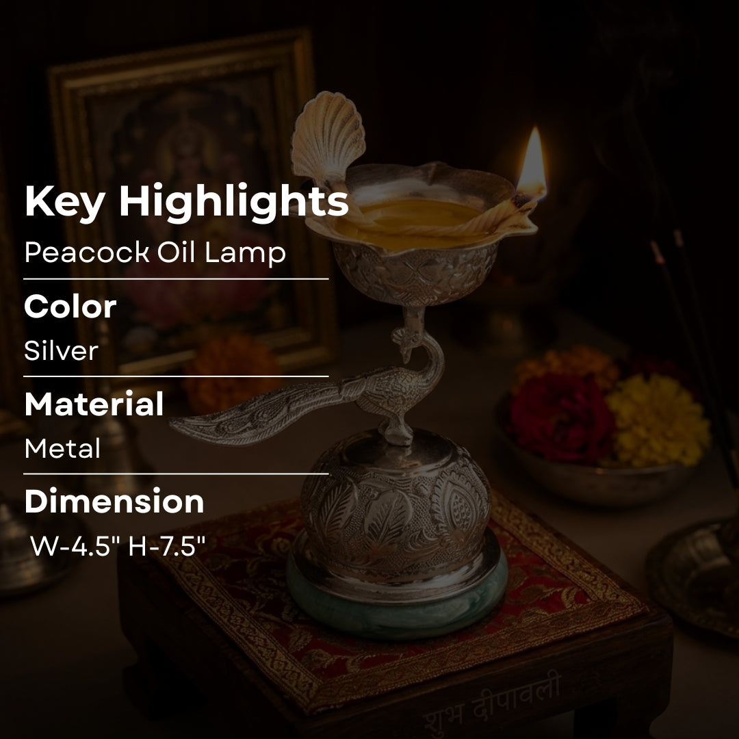 Luxury Silver Plated Peacock Samai Diya with Green Quartz Base & Velvet Box