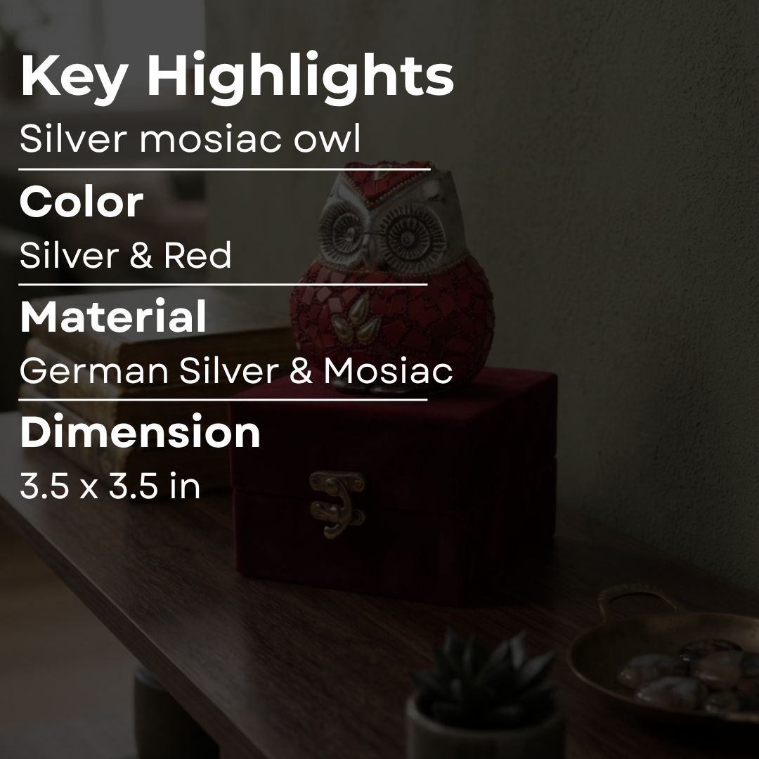 Silver Plated Red Mosaic Owl Figurine in Red Velvet Box for Home Decor